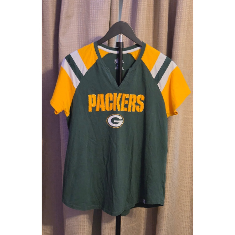 Majestic Fan Fashion Green Bay Packers Short Sleeve V-Neck‎ T-Shirt Women's XL